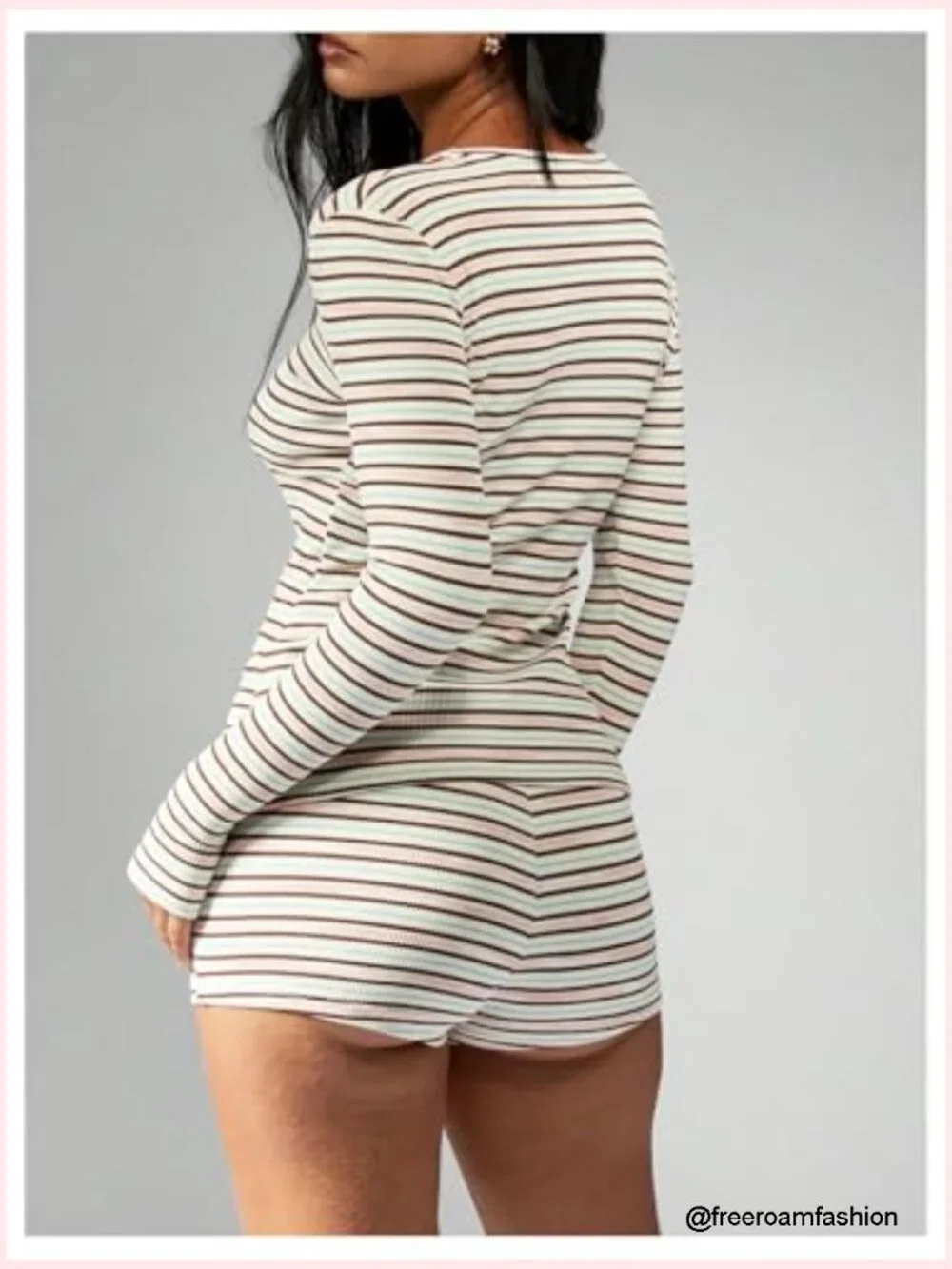 Striped Lounge Set 2 Piece Matching Long Sleeve Top & Mini Shorts